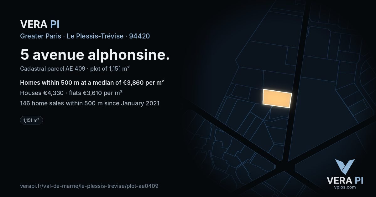5 avenue alphonsine, Le Plessis-Trévise at night – the plot lit, the parcels around coloured by the prices near them