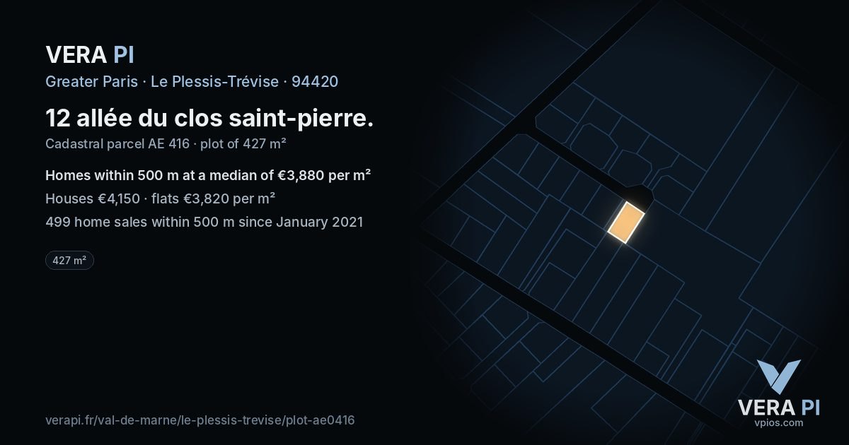 12 allée du clos saint-pierre, Le Plessis-Trévise at night – the plot lit, the parcels around coloured by the prices near them