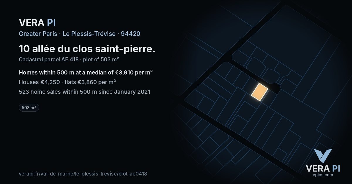 10 allée du clos saint-pierre, Le Plessis-Trévise at night – the plot lit, the parcels around coloured by the prices near them