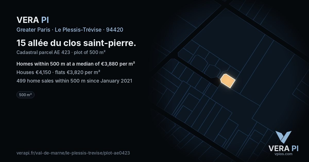 15 allée du clos saint-pierre, Le Plessis-Trévise at night – the plot lit, the parcels around coloured by the prices near them