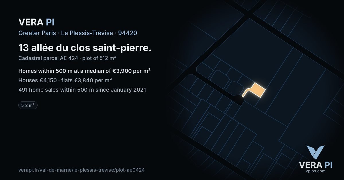 13 allée du clos saint-pierre, Le Plessis-Trévise at night – the plot lit, the parcels around coloured by the prices near them