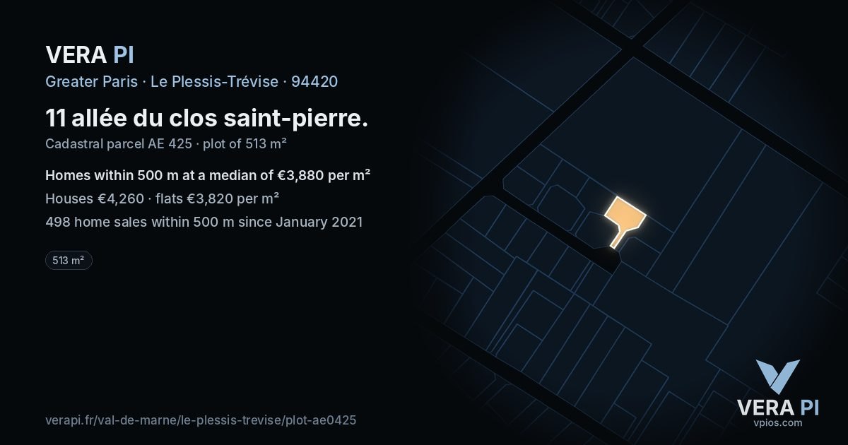 11 allée du clos saint-pierre, Le Plessis-Trévise at night – the plot lit, the parcels around coloured by the prices near them