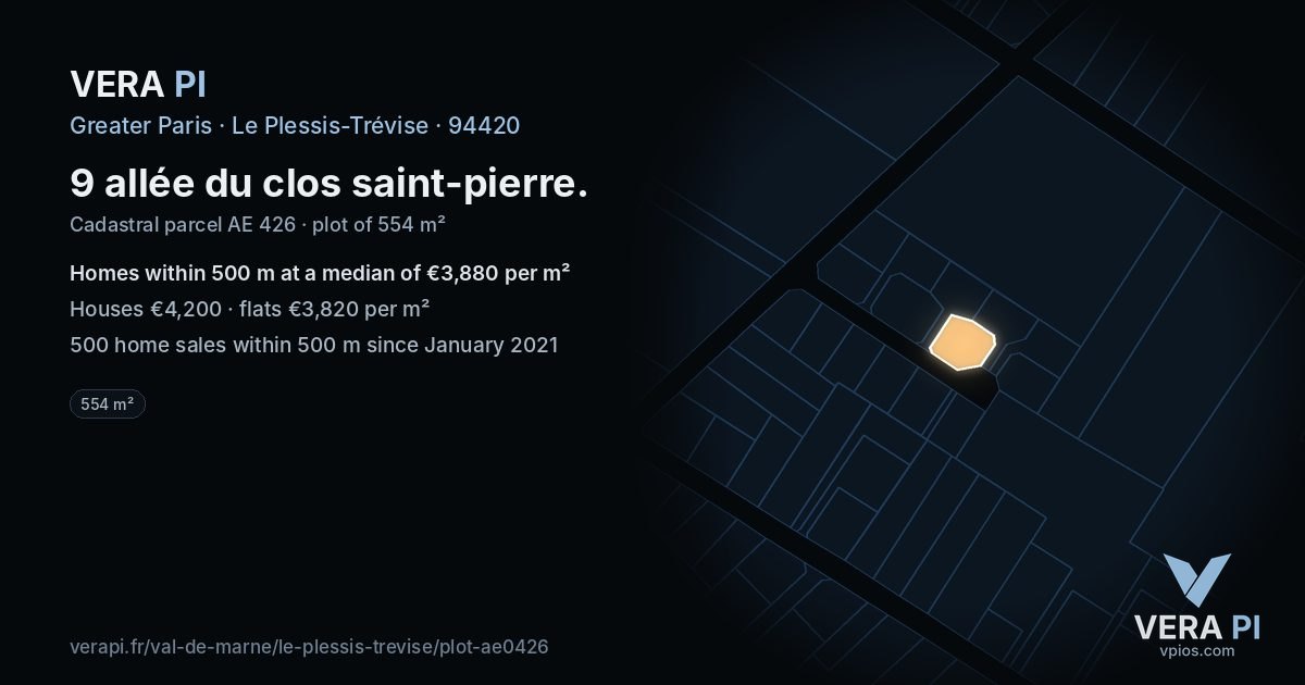 9 allée du clos saint-pierre, Le Plessis-Trévise at night – the plot lit, the parcels around coloured by the prices near them