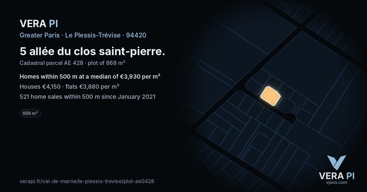 5 allée du clos saint-pierre, Le Plessis-Trévise at night – the plot lit, the parcels around coloured by the prices near them