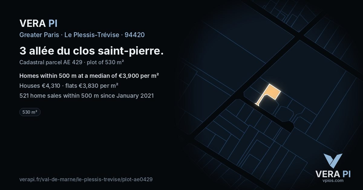 3 allée du clos saint-pierre, Le Plessis-Trévise at night – the plot lit, the parcels around coloured by the prices near them