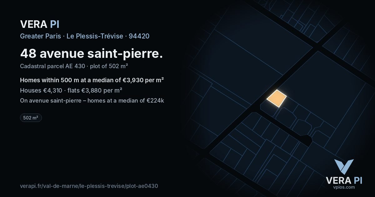 48 avenue saint-pierre, Le Plessis-Trévise at night – the plot lit, the parcels around coloured by the prices near them