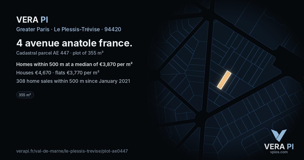 4 avenue anatole france, Le Plessis-Trévise at night – the plot lit, the parcels around coloured by the prices near them