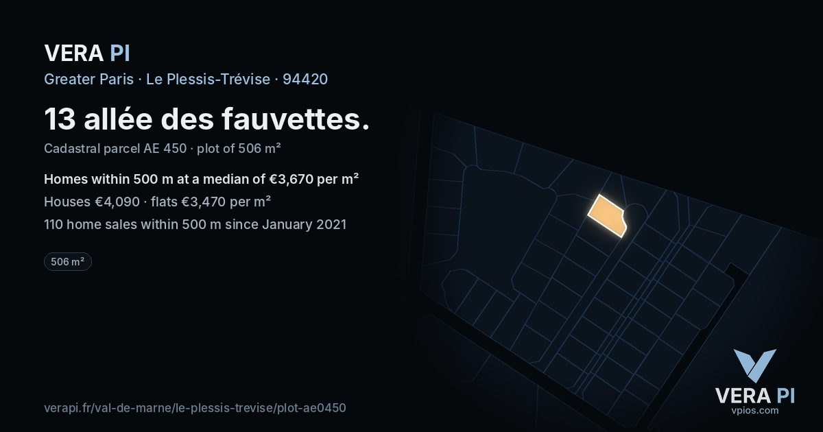 13 allée des fauvettes, Le Plessis-Trévise at night – the plot lit, the parcels around coloured by the prices near them