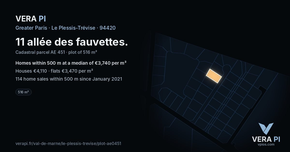 11 allée des fauvettes, Le Plessis-Trévise at night – the plot lit, the parcels around coloured by the prices near them