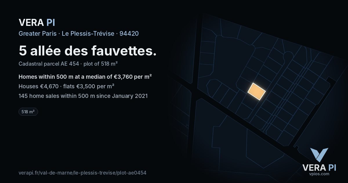 5 allée des fauvettes, Le Plessis-Trévise at night – the plot lit, the parcels around coloured by the prices near them