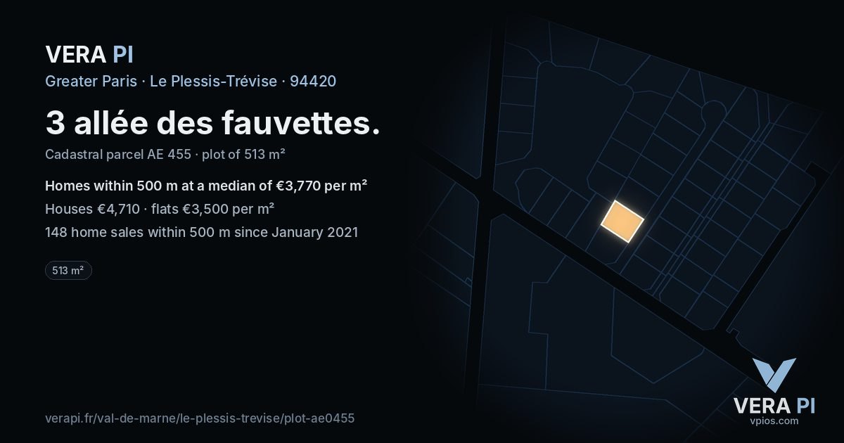 3 allée des fauvettes, Le Plessis-Trévise at night – the plot lit, the parcels around coloured by the prices near them