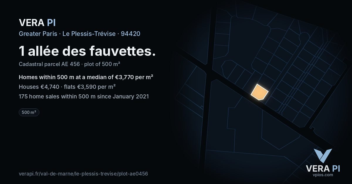 1 allée des fauvettes, Le Plessis-Trévise at night – the plot lit, the parcels around coloured by the prices near them
