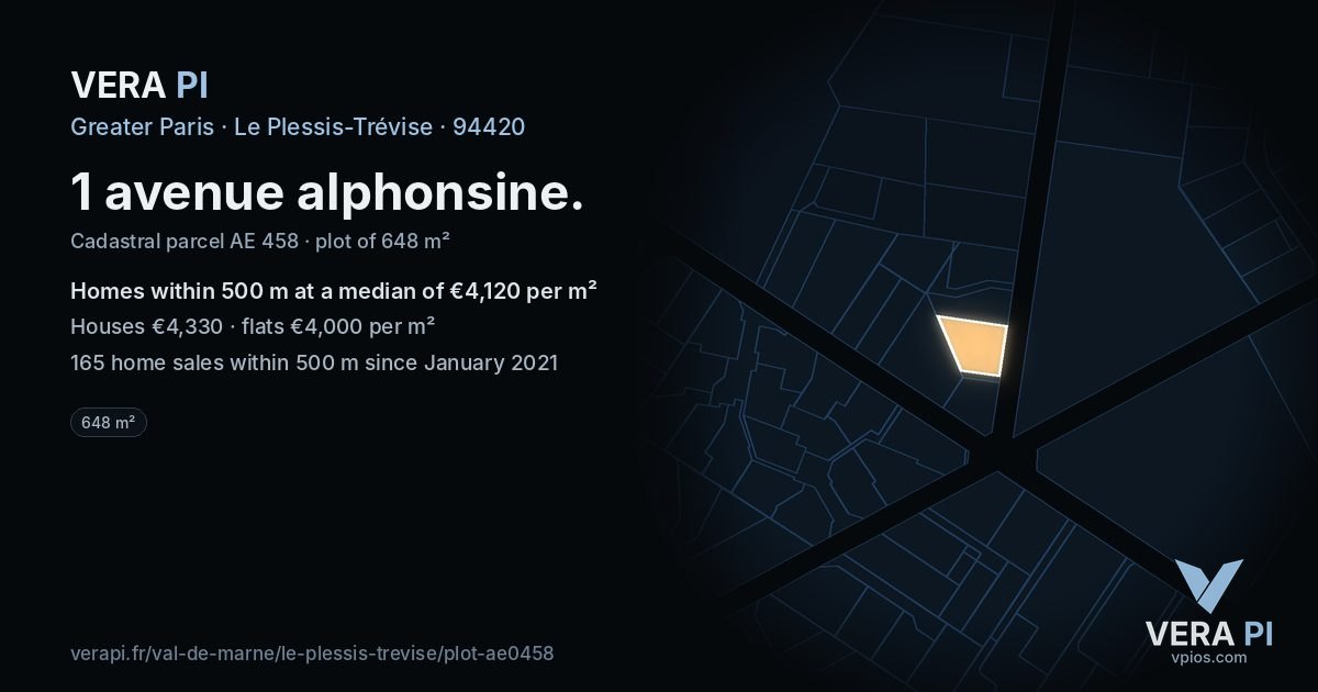 1 avenue alphonsine, Le Plessis-Trévise at night – the plot lit, the parcels around coloured by the prices near them