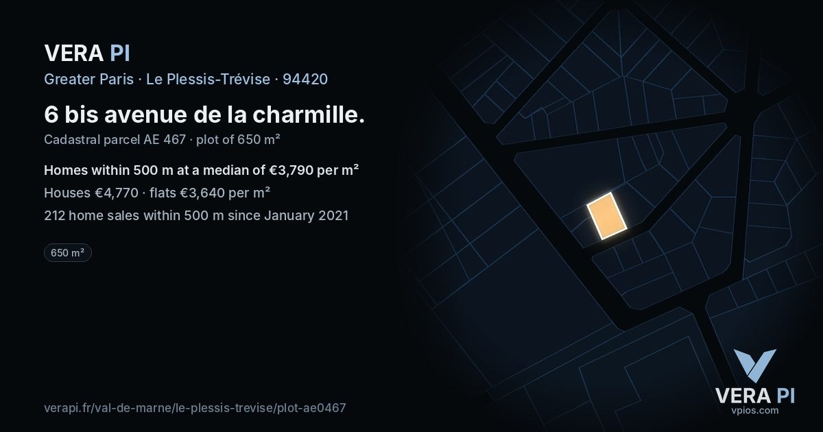 6 bis avenue de la charmille, Le Plessis-Trévise at night – the plot lit, the parcels around coloured by the prices near them