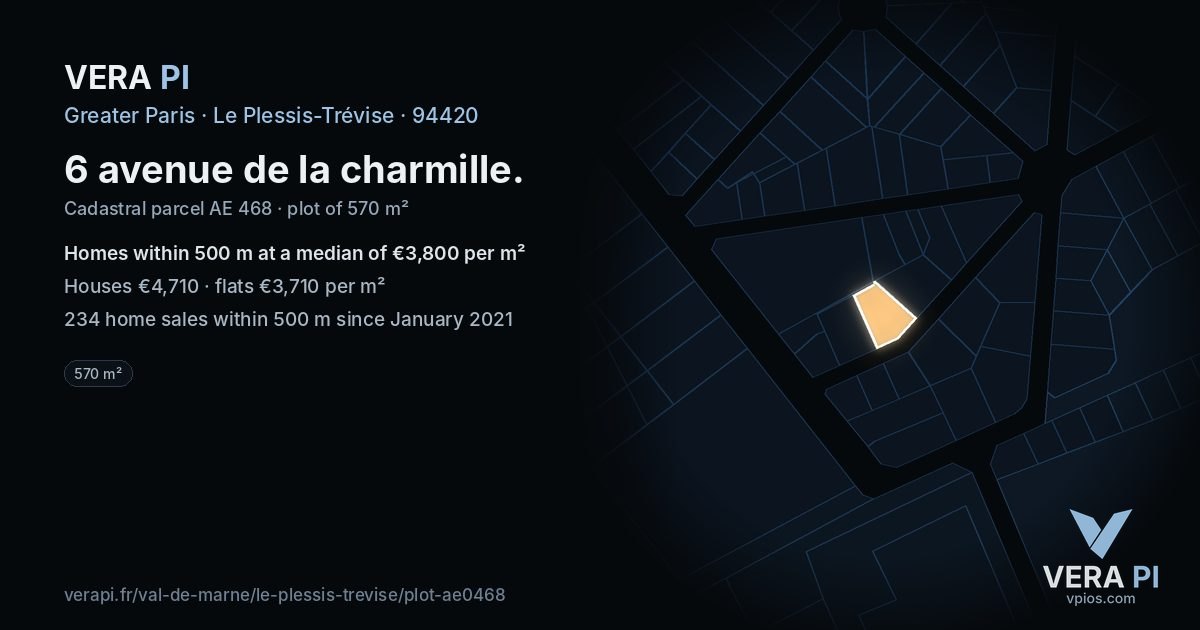 6 avenue de la charmille, Le Plessis-Trévise at night – the plot lit, the parcels around coloured by the prices near them