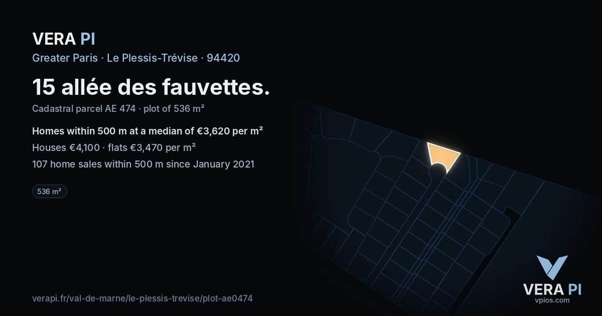 15 allée des fauvettes, Le Plessis-Trévise at night – the plot lit, the parcels around coloured by the prices near them