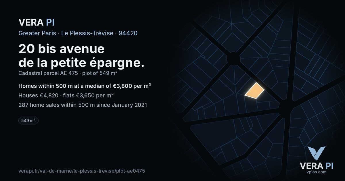 20 bis avenue de la petite épargne, Le Plessis-Trévise at night – the plot lit, the parcels around coloured by the prices near them