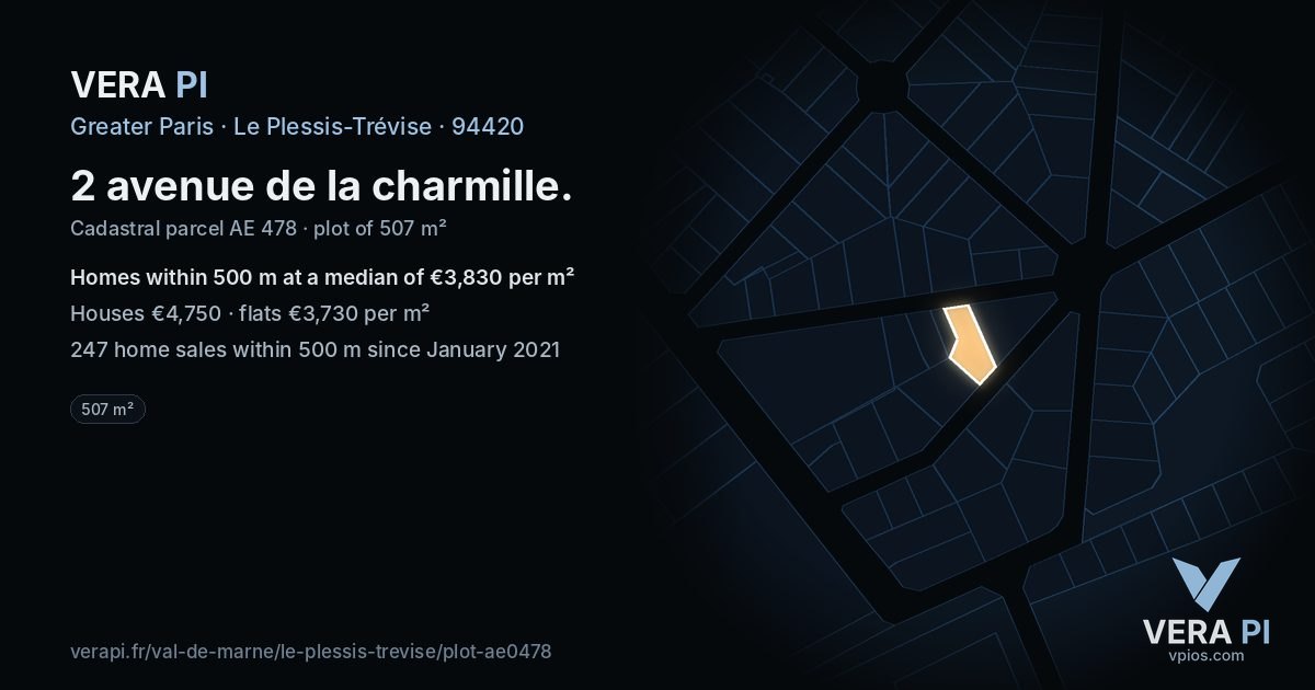 2 avenue de la charmille, Le Plessis-Trévise at night – the plot lit, the parcels around coloured by the prices near them