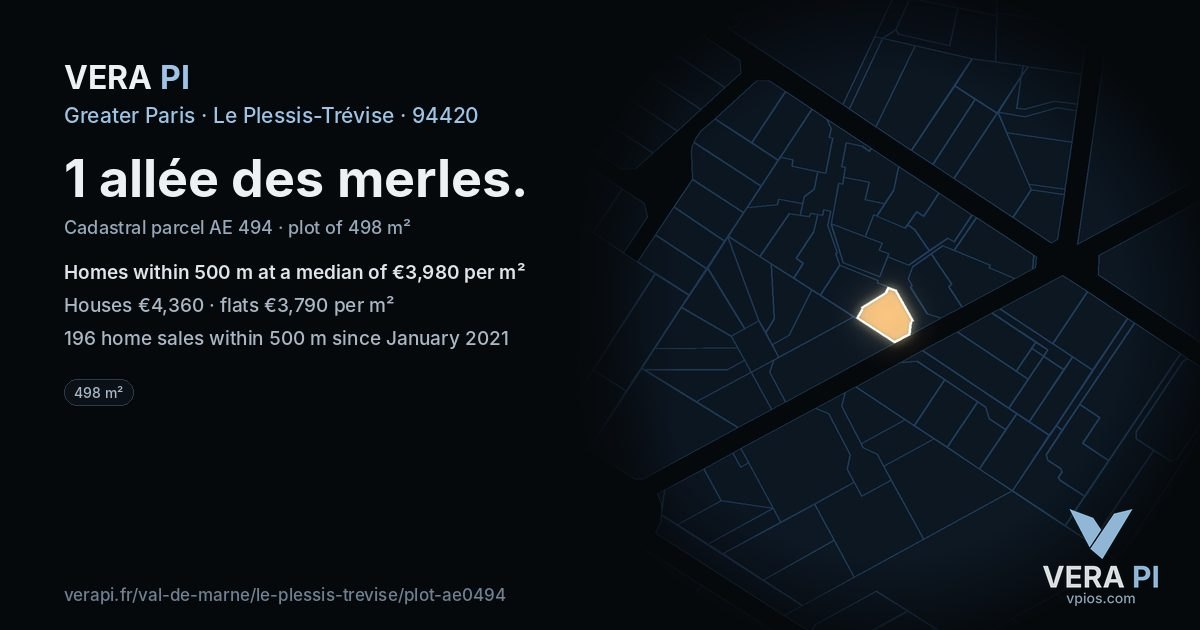 1 allée des merles, Le Plessis-Trévise at night – the plot lit, the parcels around coloured by the prices near them