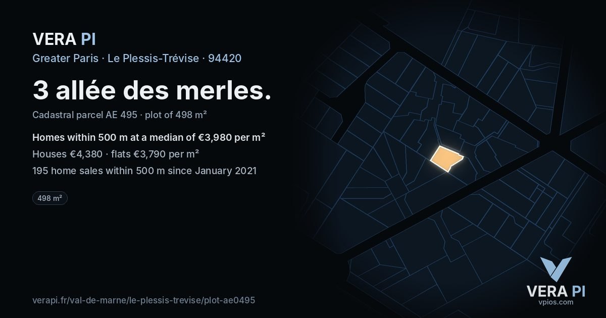 3 allée des merles, Le Plessis-Trévise at night – the plot lit, the parcels around coloured by the prices near them