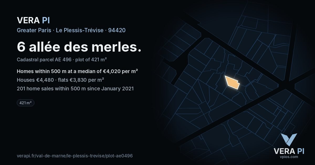 6 allée des merles, Le Plessis-Trévise at night – the plot lit, the parcels around coloured by the prices near them