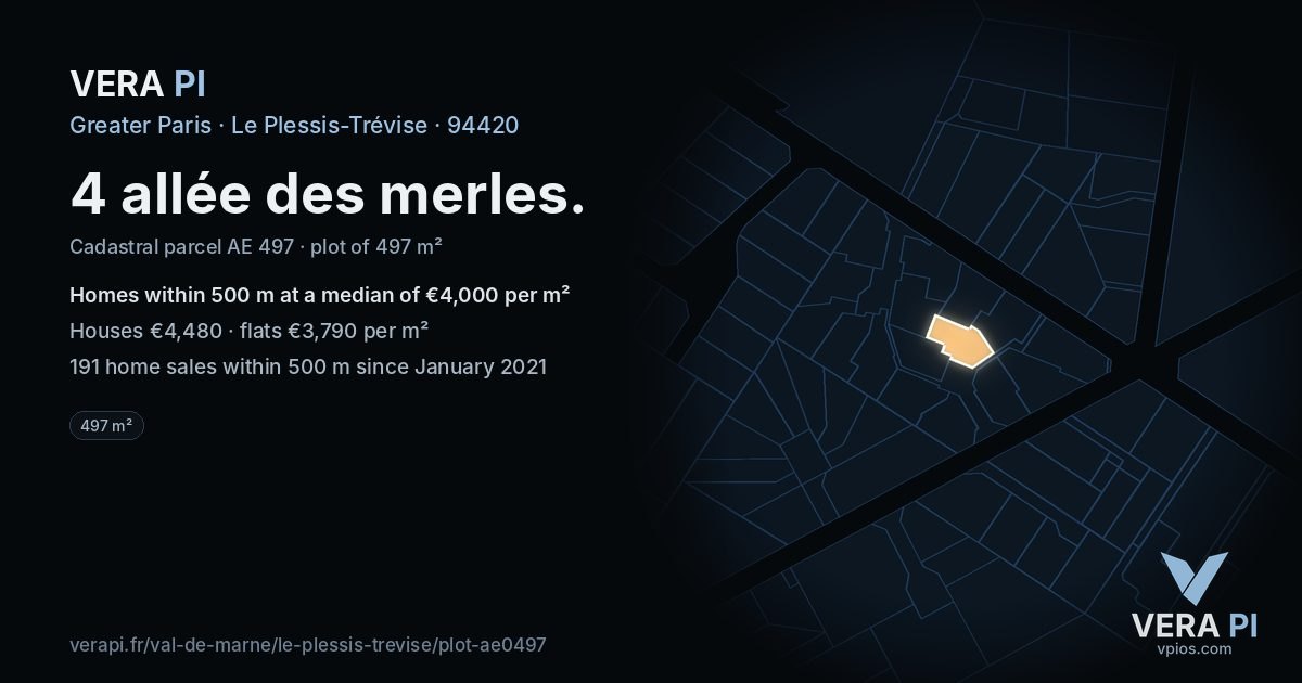 4 allée des merles, Le Plessis-Trévise at night – the plot lit, the parcels around coloured by the prices near them