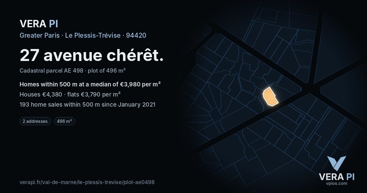 27 avenue chérêt, Le Plessis-Trévise at night – the plot lit, the parcels around coloured by the prices near them