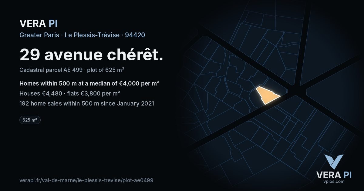 29 avenue chérêt, Le Plessis-Trévise at night – the plot lit, the parcels around coloured by the prices near them