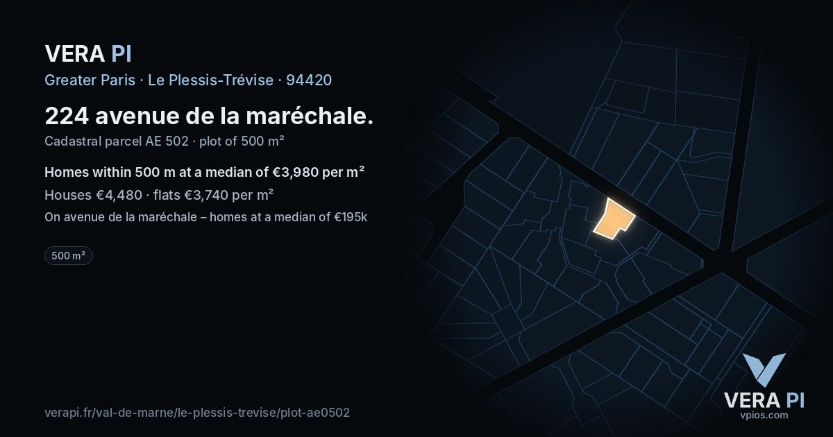 224 avenue de la maréchale, Le Plessis-Trévise at night – the plot lit, the parcels around coloured by the prices near them