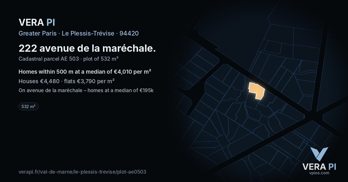222 avenue de la maréchale, Le Plessis-Trévise at night – the plot lit, the parcels around coloured by the prices near them