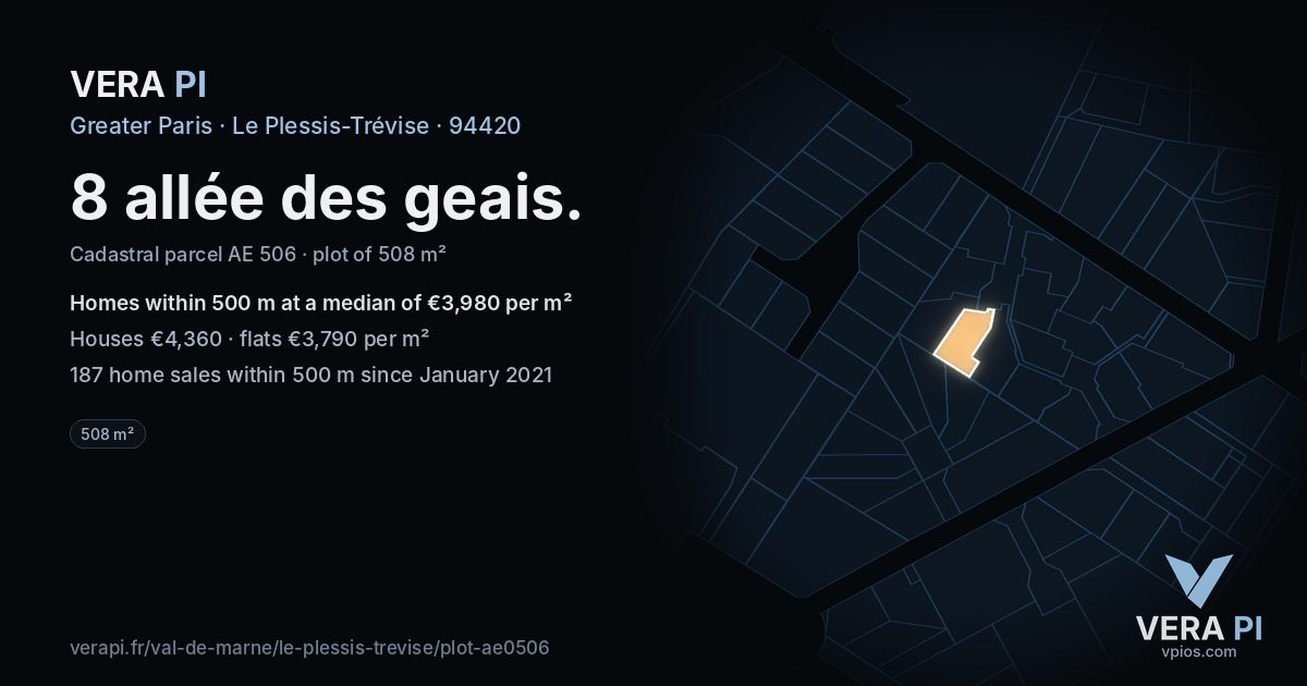8 allée des geais, Le Plessis-Trévise at night – the plot lit, the parcels around coloured by the prices near them