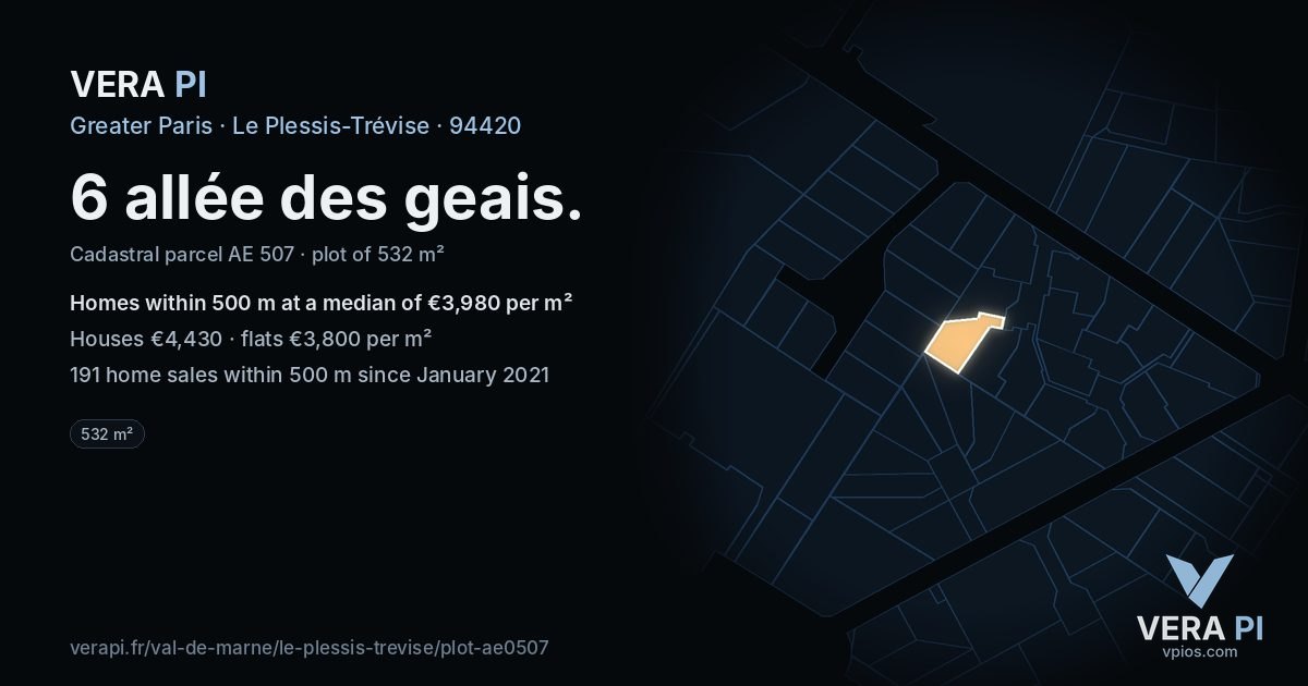 6 allée des geais, Le Plessis-Trévise at night – the plot lit, the parcels around coloured by the prices near them