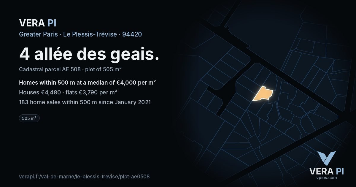 4 allée des geais, Le Plessis-Trévise at night – the plot lit, the parcels around coloured by the prices near them