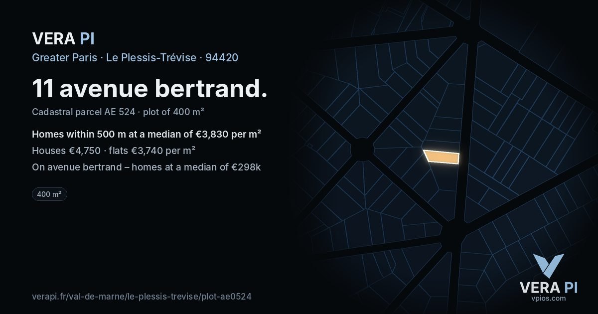 11 avenue bertrand, Le Plessis-Trévise at night – the plot lit, the parcels around coloured by the prices near them