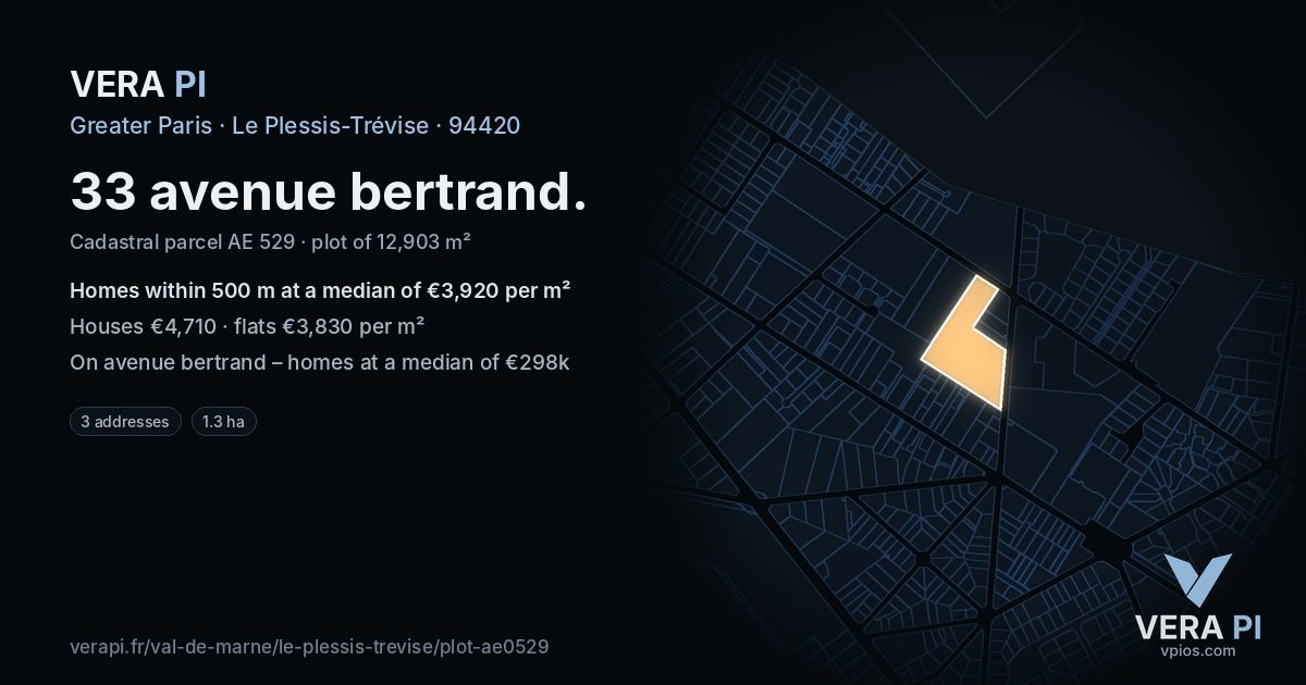 33 avenue bertrand, Le Plessis-Trévise at night – the plot lit, the parcels around coloured by the prices near them