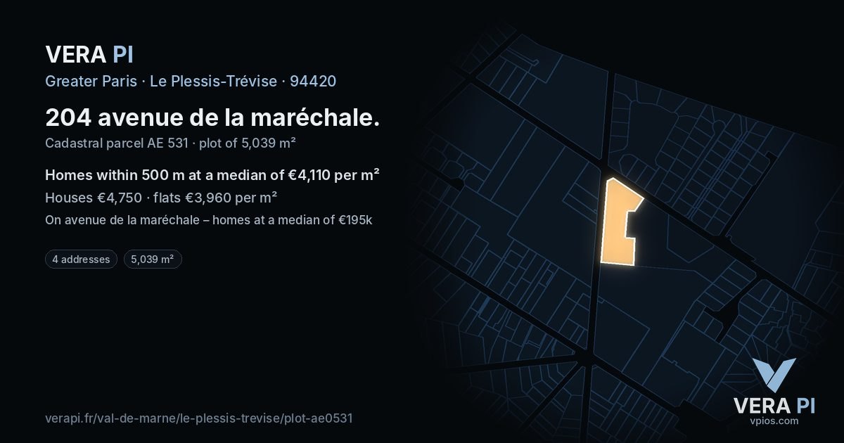 204 avenue de la maréchale, Le Plessis-Trévise at night – the plot lit, the parcels around coloured by the prices near them