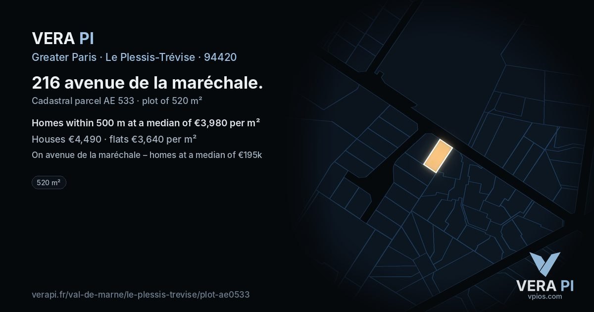 216 avenue de la maréchale, Le Plessis-Trévise at night – the plot lit, the parcels around coloured by the prices near them