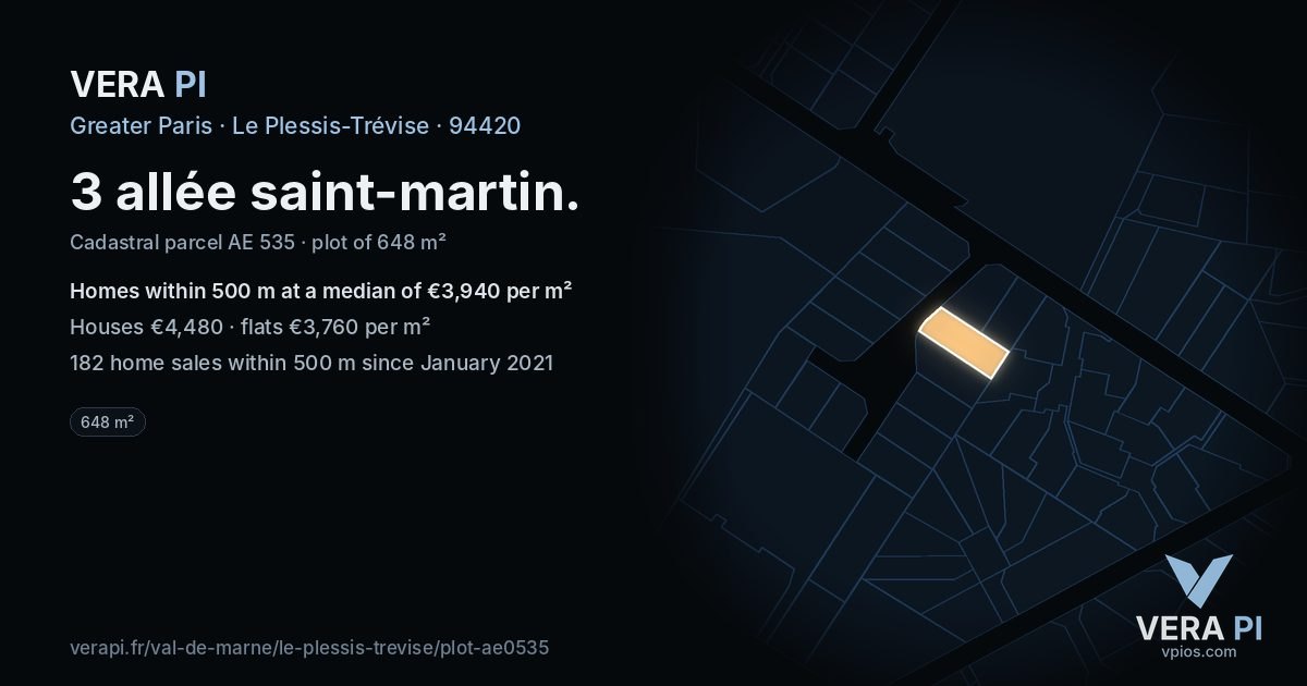 3 allée saint-martin, Le Plessis-Trévise at night – the plot lit, the parcels around coloured by the prices near them