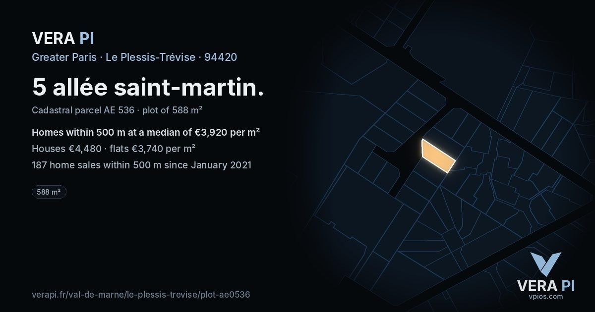 5 allée saint-martin, Le Plessis-Trévise at night – the plot lit, the parcels around coloured by the prices near them