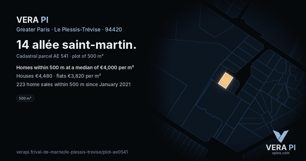 14 allée saint-martin, Le Plessis-Trévise at night – the plot lit, the parcels around coloured by the prices near them