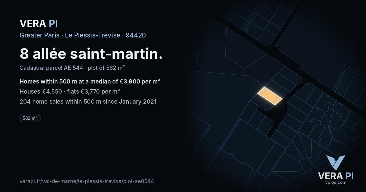 8 allée saint-martin, Le Plessis-Trévise at night – the plot lit, the parcels around coloured by the prices near them