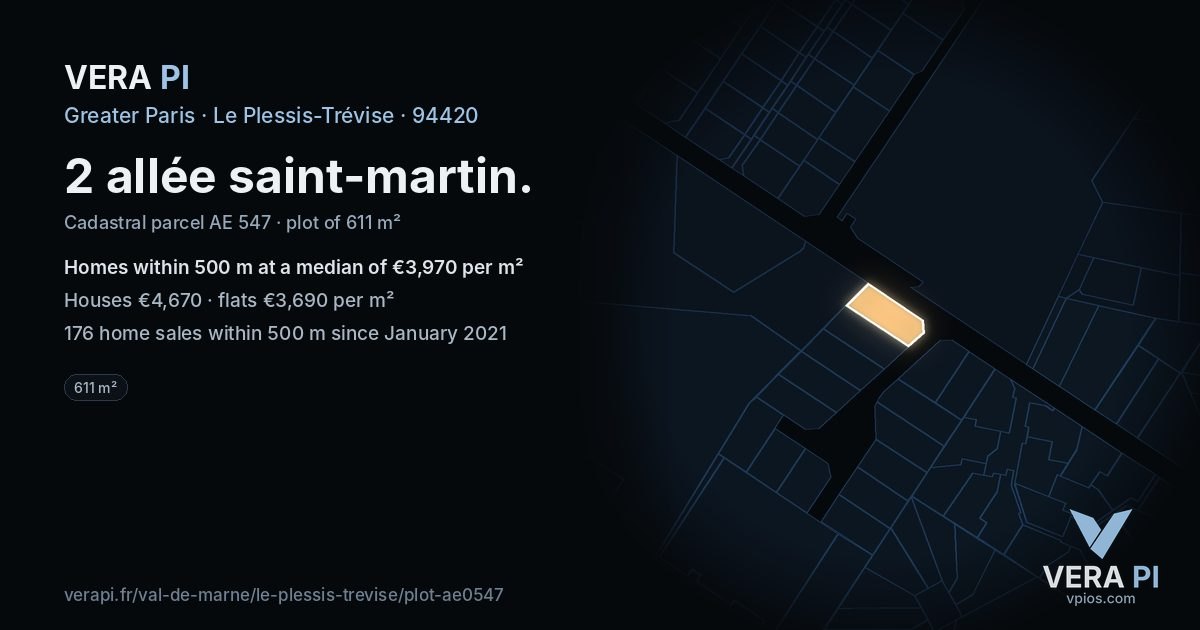 2 allée saint-martin, Le Plessis-Trévise at night – the plot lit, the parcels around coloured by the prices near them