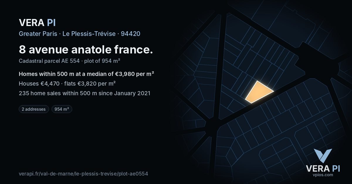 8 avenue anatole france, Le Plessis-Trévise at night – the plot lit, the parcels around coloured by the prices near them