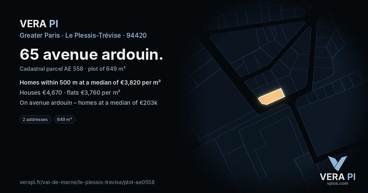 65 avenue ardouin, Le Plessis-Trévise at night – the plot lit, the parcels around coloured by the prices near them