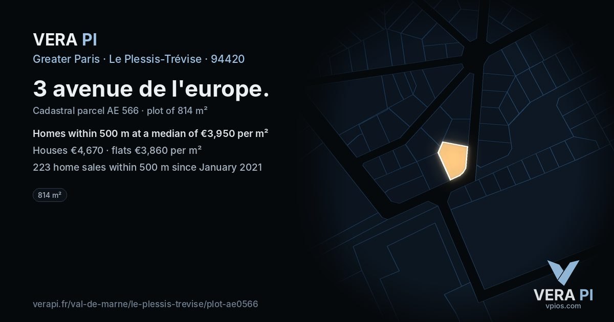 3 avenue de l'europe, Le Plessis-Trévise at night – the plot lit, the parcels around coloured by the prices near them