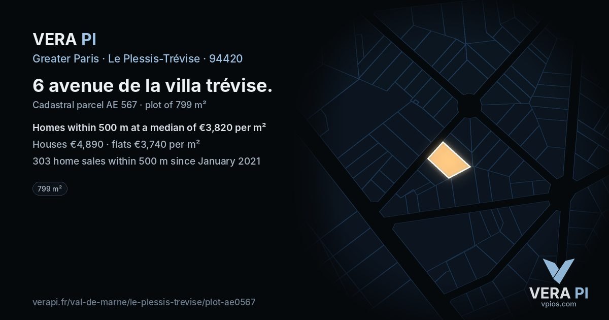 6 avenue de la villa trévise, Le Plessis-Trévise at night – the plot lit, the parcels around coloured by the prices near them