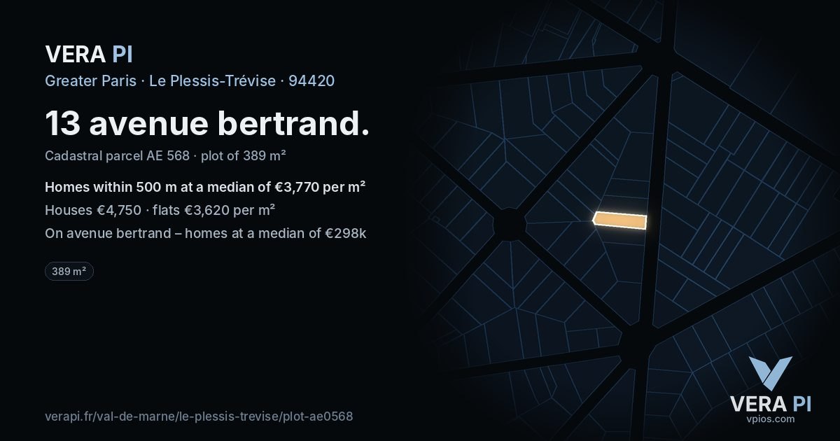 13 avenue bertrand, Le Plessis-Trévise at night – the plot lit, the parcels around coloured by the prices near them