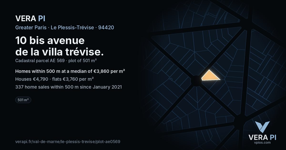 10 bis avenue de la villa trévise, Le Plessis-Trévise at night – the plot lit, the parcels around coloured by the prices near them