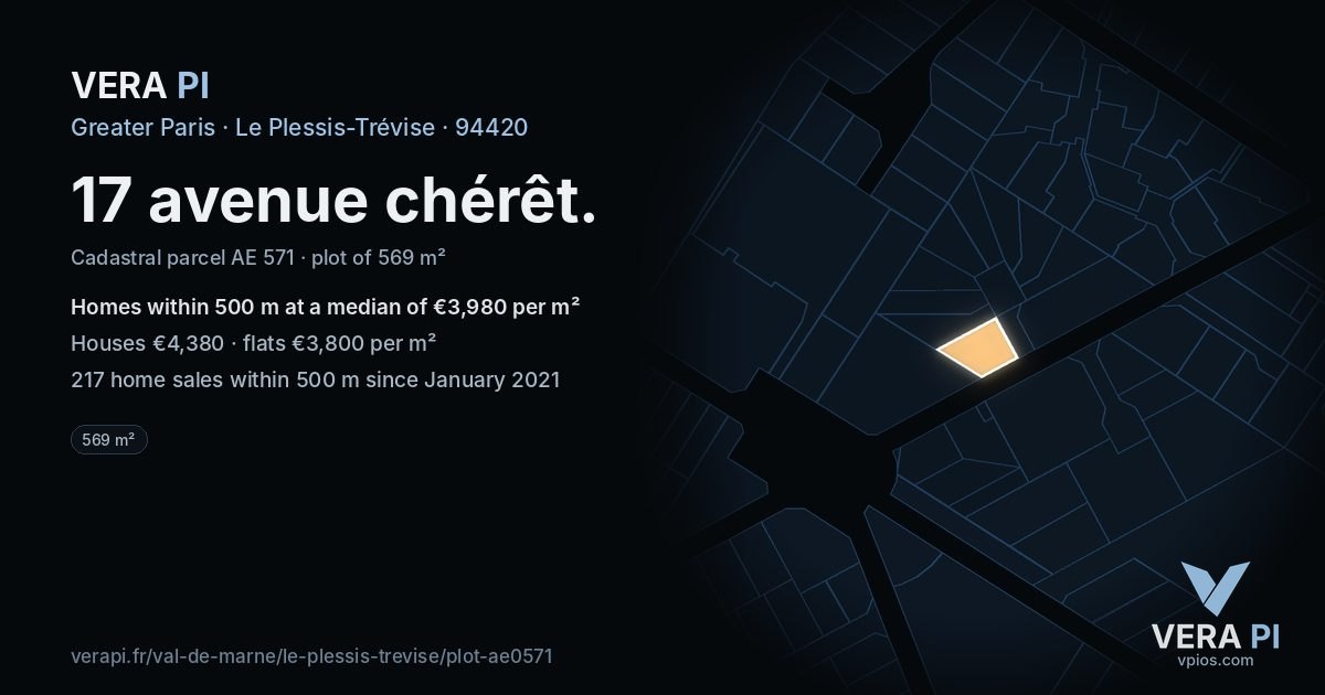 17 avenue chérêt, Le Plessis-Trévise at night – the plot lit, the parcels around coloured by the prices near them