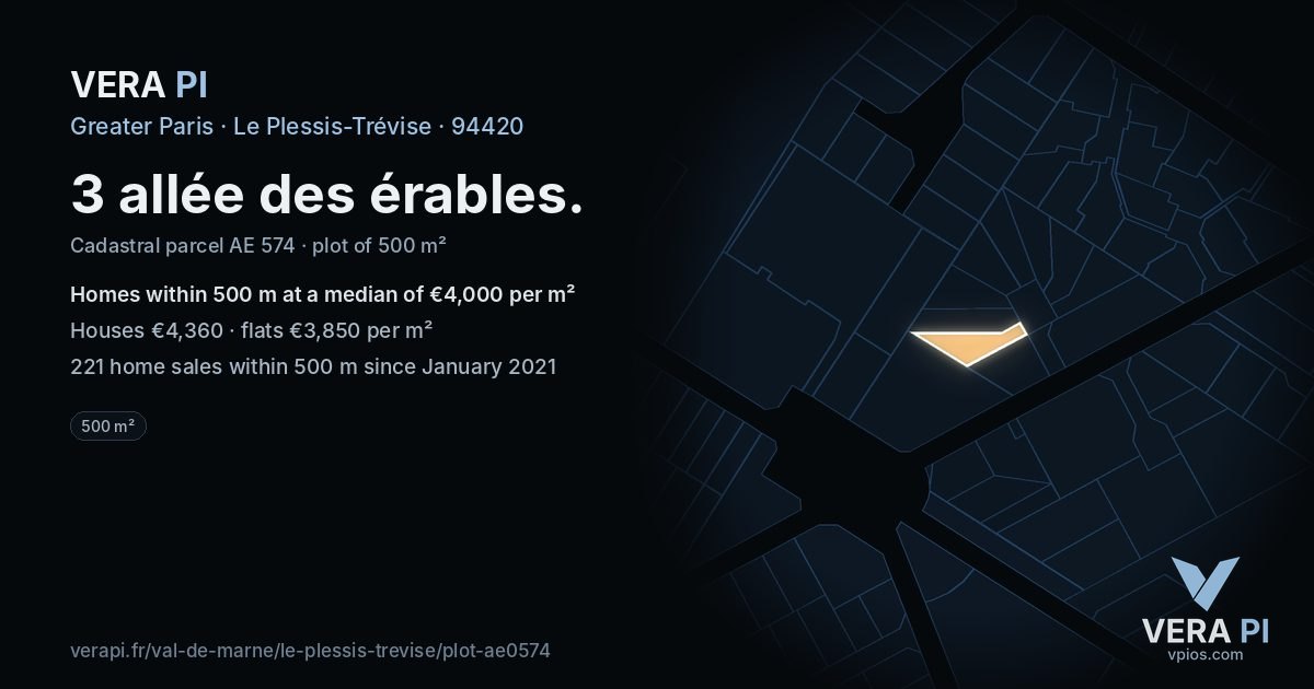 3 allée des érables, Le Plessis-Trévise at night – the plot lit, the parcels around coloured by the prices near them